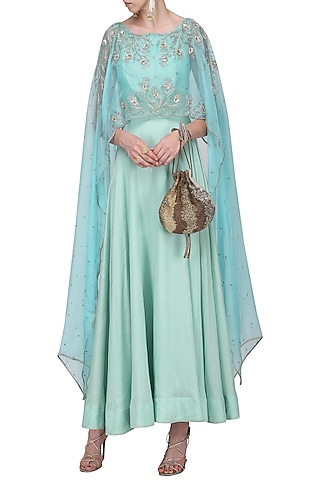 Powder Blue Asymmetrical Embroidered Cape and Sea Green Gown by Shilpa Reddy