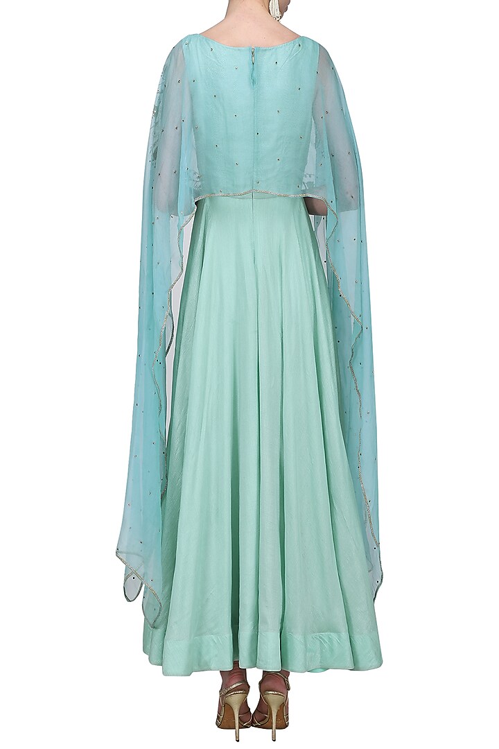 Powder blue asymmetrical embroidered cape and sea green gown available only at Pernia's Pop Up Shop.
