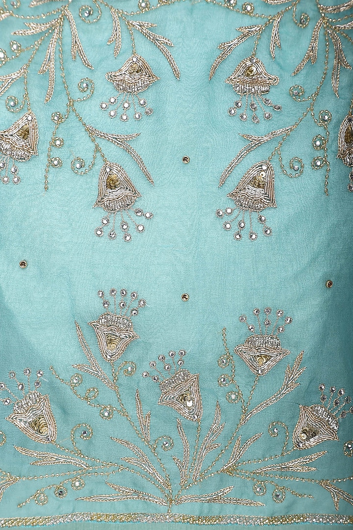 Powder blue asymmetrical embroidered cape and sea green gown available only at Pernia's Pop Up Shop.
