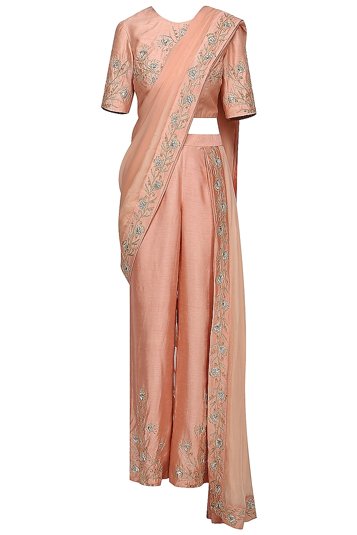 Peach Embroidered Draped Saree Set by Shilpa Reddy