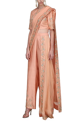 Peach Embroidered Draped Saree Set by Shilpa Reddy