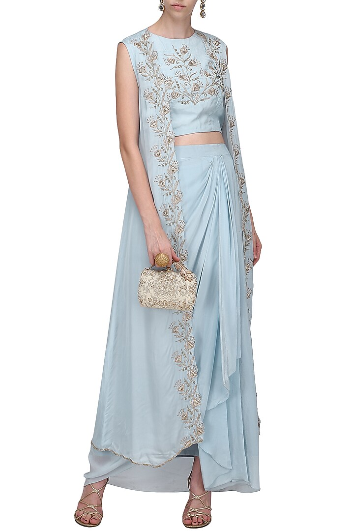 Light blue embroidered lehenga skirt set available only at Pernia's Pop Up Shop.