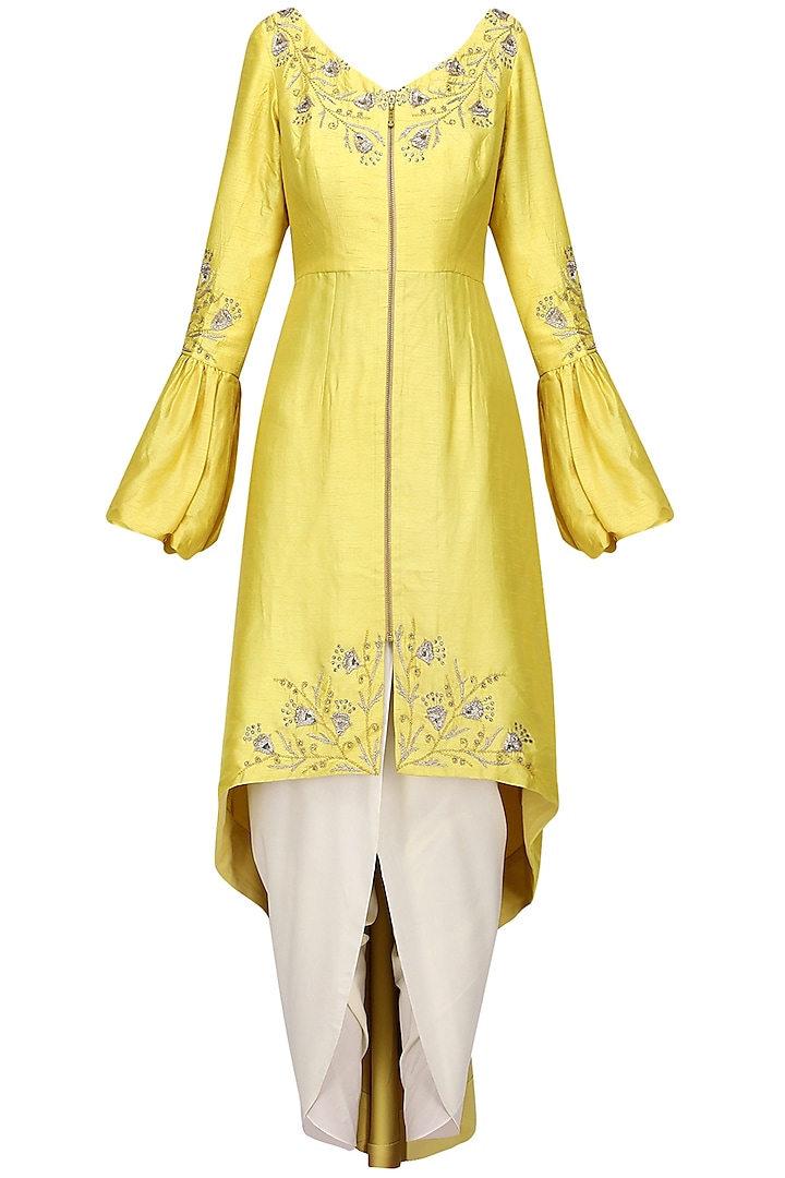 Lemon Yellow Front Open Aysmmterical Tunic with Dhoti Pants by Shilpa Reddy