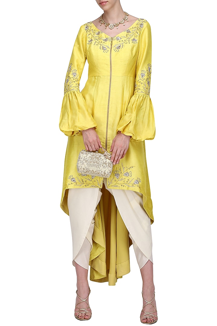 Lemon yellow front open aysmmterical tunic with dhoti pants available only at Pernia's Pop Up Shop.