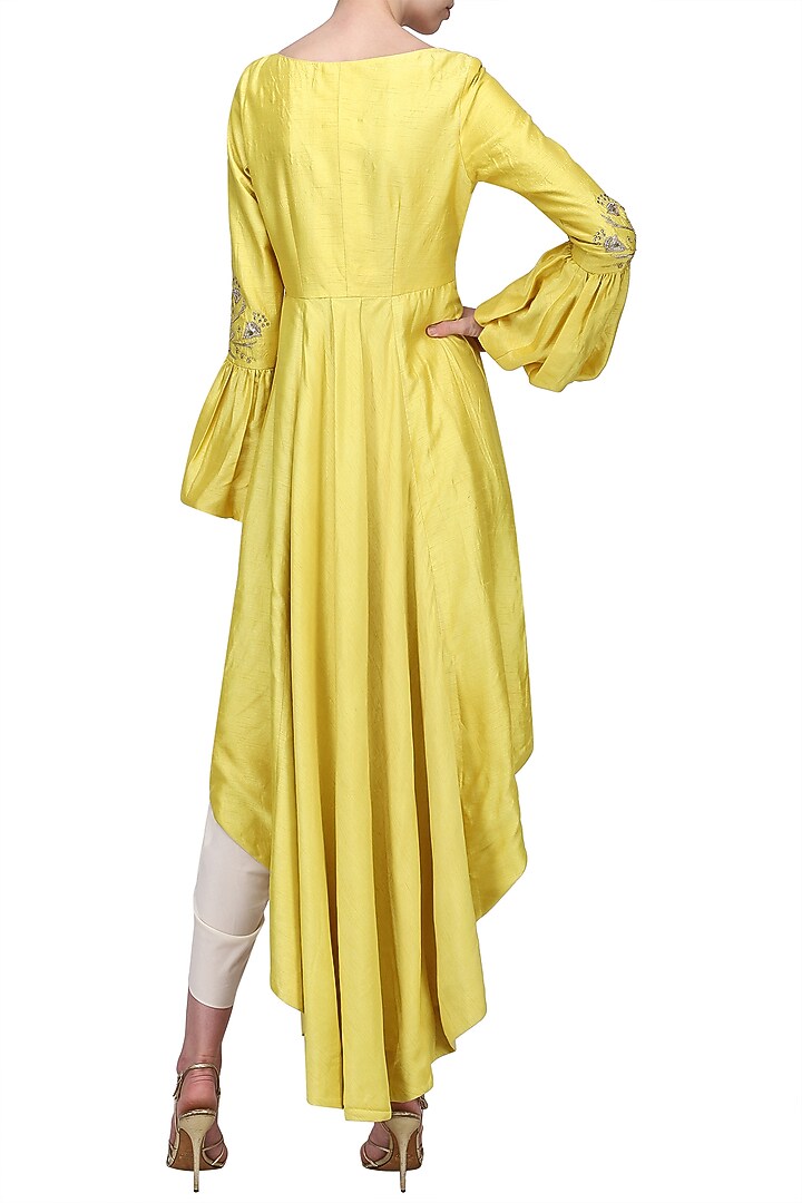 Lemon yellow front open aysmmterical tunic with dhoti pants available only at Pernia's Pop Up Shop.