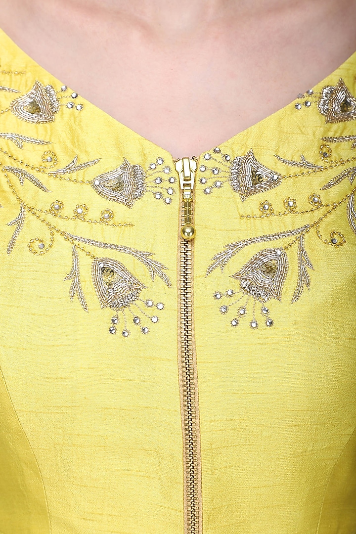 Lemon yellow front open aysmmterical tunic with dhoti pants available only at Pernia's Pop Up Shop.