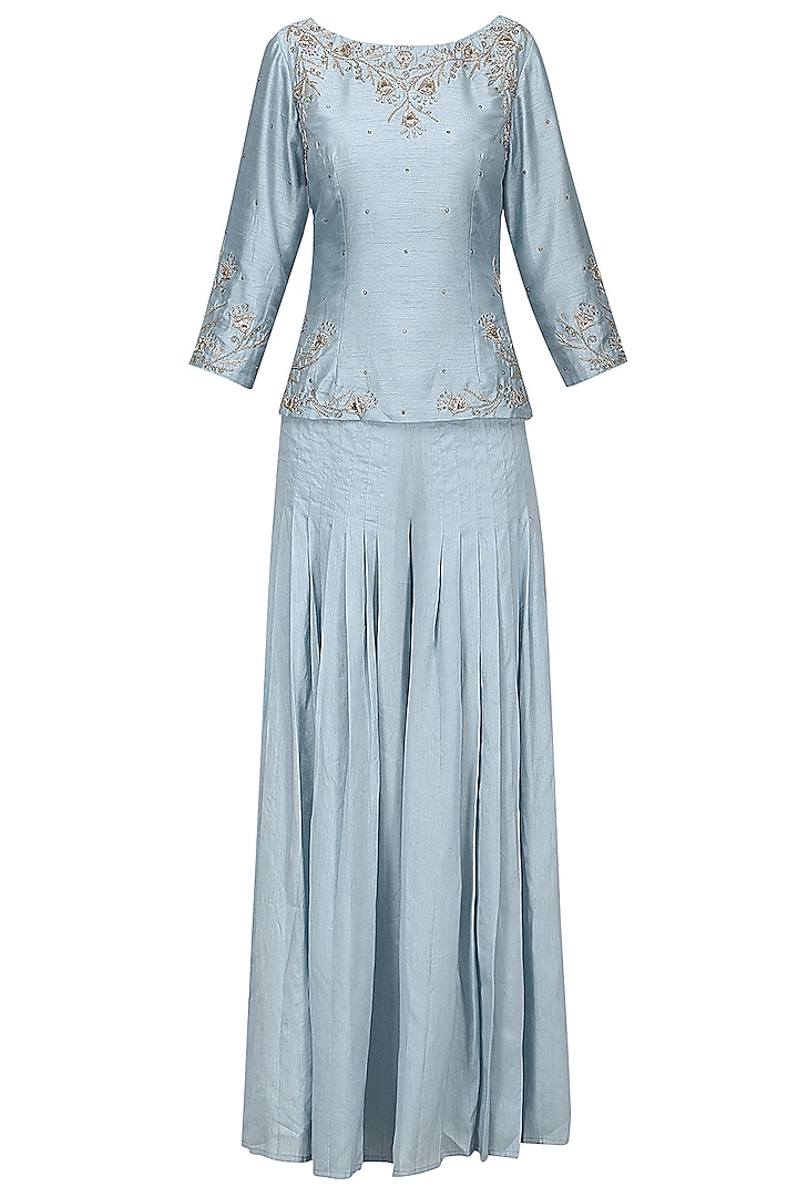 Powder Blue Embroidered Top with Pleated Pants and Dupatta by Shilpa Reddy