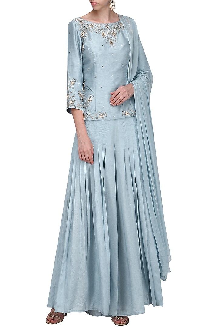 Powder blue embroidered top with pleated pants and dupatta available only at Pernia's Pop Up Shop.