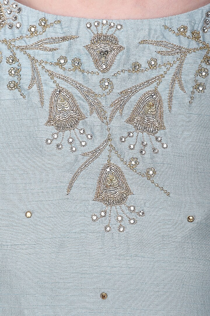 Powder blue embroidered top with pleated pants and dupatta available only at Pernia's Pop Up Shop.