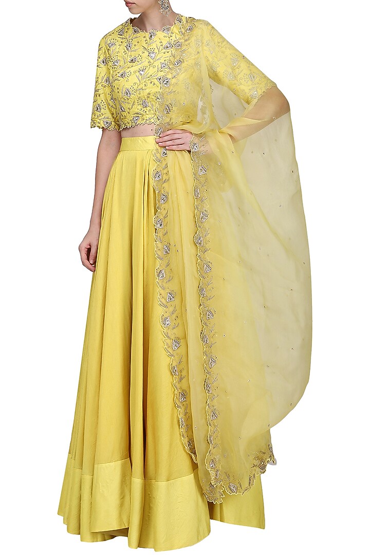 Lemon yellow embroidered lehenga set available only at Pernia's Pop Up Shop.