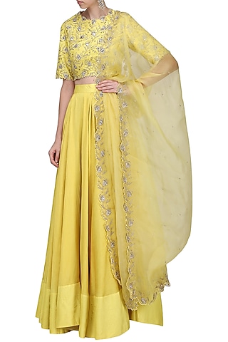 Lemon Yellow Embroidered Lehenga Set by Shilpa Reddy