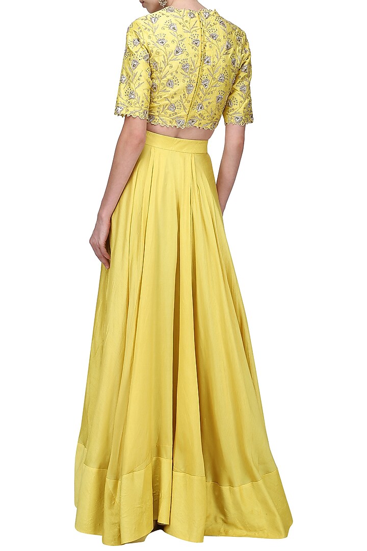 Lemon yellow embroidered lehenga set available only at Pernia's Pop Up Shop.