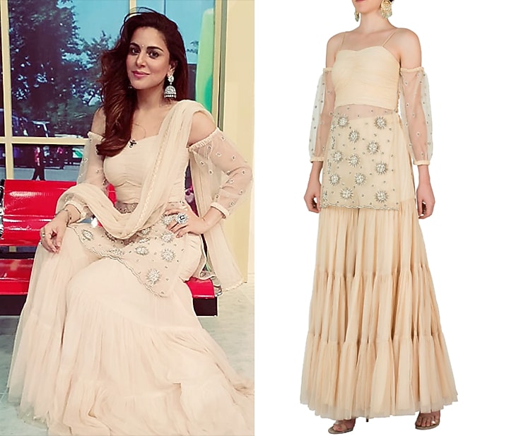 Off white embroidered kurta with sharara pants available only at Pernia's Pop Up Shop.