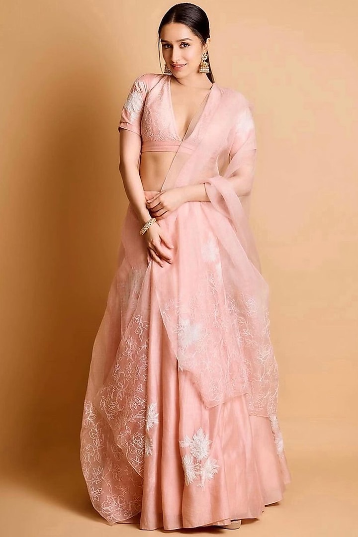 Pink Chanderi Embroidered Lehenga Set by Devnaagri