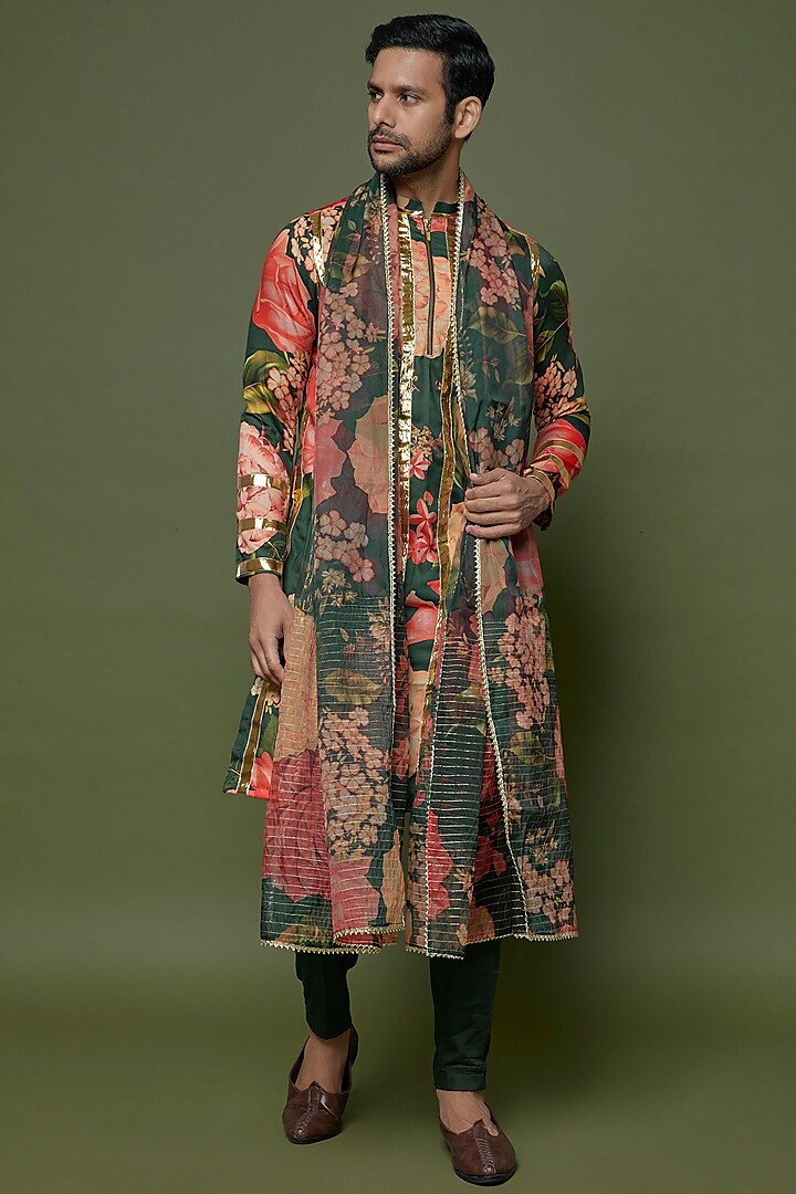 Green Glaze Cotton Silk Digital Printed Kurta Set by Sharad raghav men