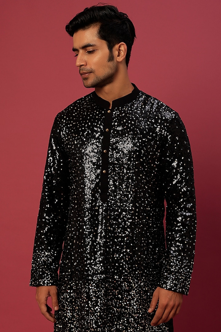 Black Georgette Sequins Embroidered Kurta Set by sharad raghav men at Pernia's Pop Up Shop