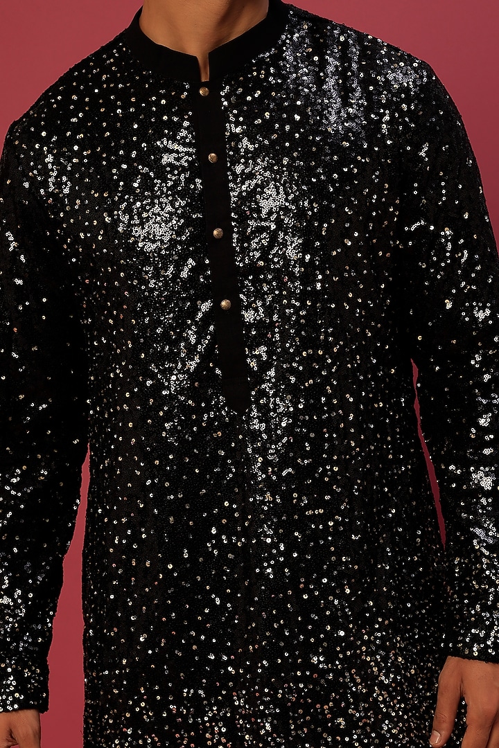 Black Georgette Sequins Embroidered Kurta Set by sharad raghav men at Pernia's Pop Up Shop