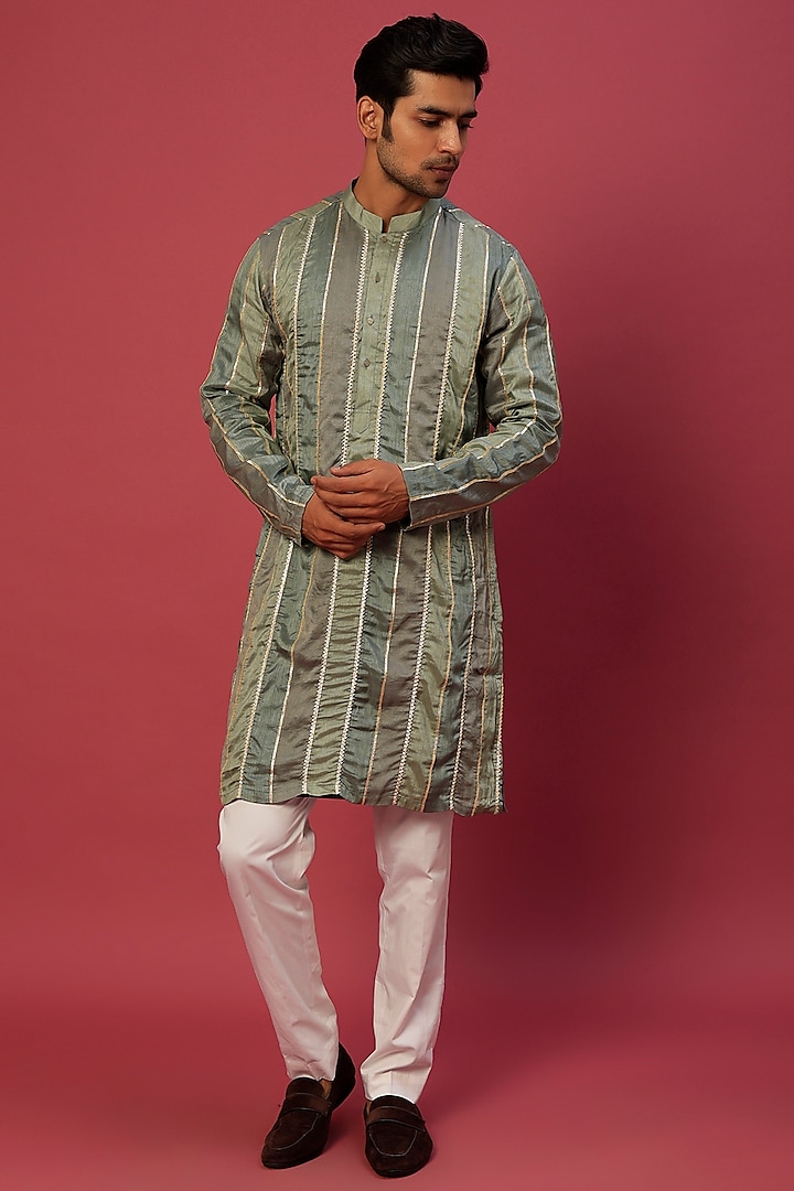 Pastel Green Silk Kurta Set by sharad raghav men