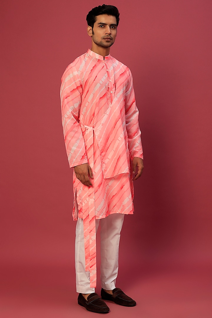 Pink Printed Kurta Set by sharad raghav men