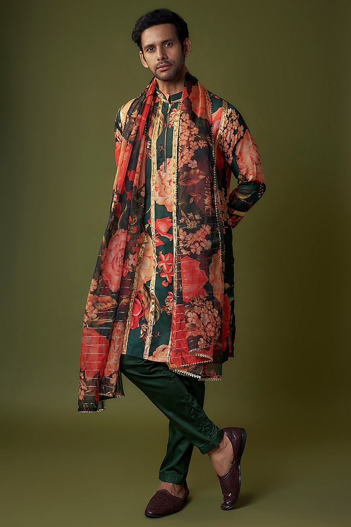 Green Glaze Cotton Silk Digital Printed Kurta Set by Sharad raghav men