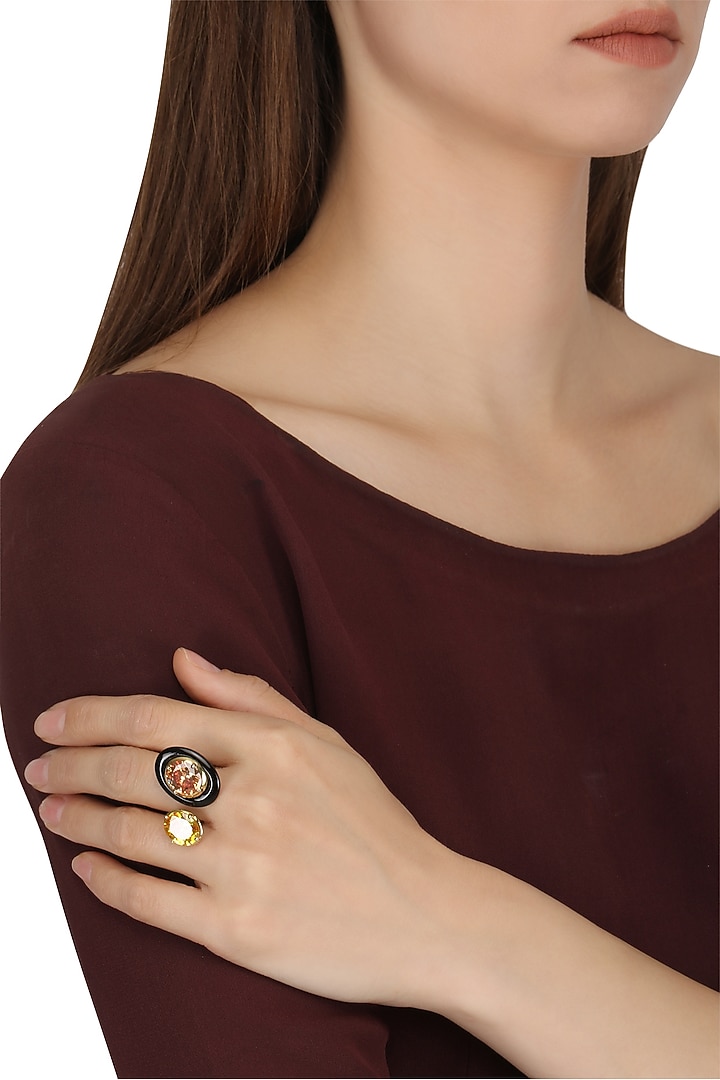 Gold plated black onyx, tangerine and yellow cubic zirconia stones finger ring available only at Pernia's Pop Up Shop.