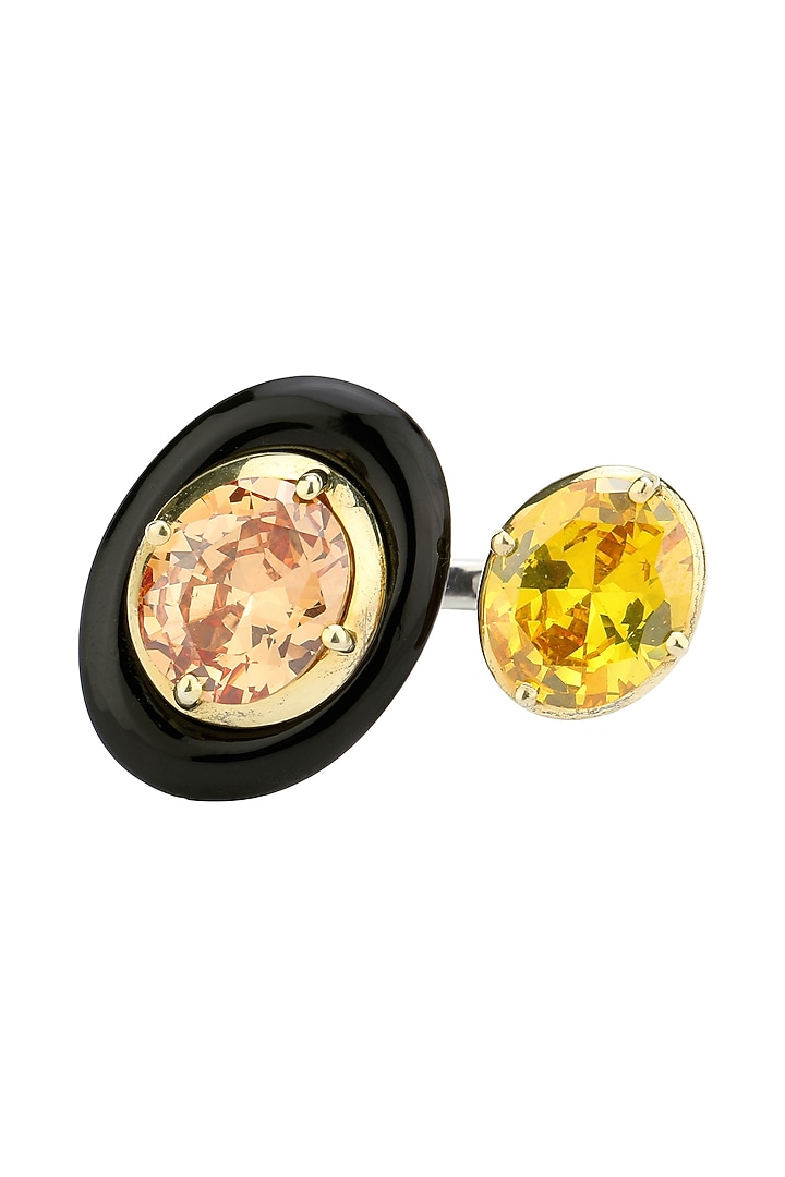 Gold plated black onyx, tangerine and yellow cubic zirconia stones finger ring available only at Pernia's Pop Up Shop.