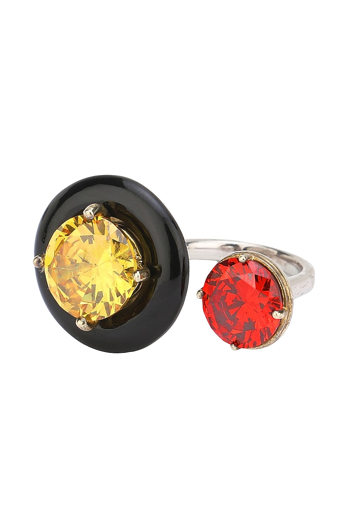 Gold Plated Black Onyx, Red and Yellow Cubic Zirconia Stones Finger Ring by RockkRagaa