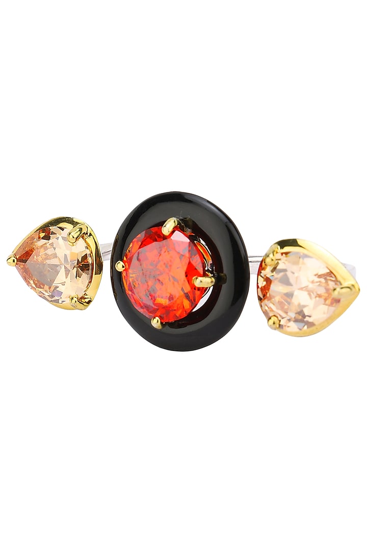 Gold Plated Black Onyx, Red and Peach Cubic Zirconia Stones Multi-Finger Ring by RockkRagaa