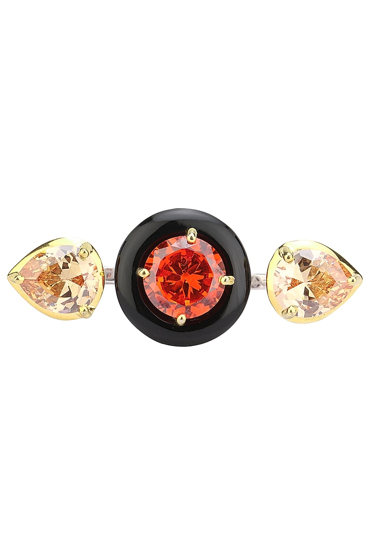 Gold plated black onyx, red and peach cubic zirconia stones multi-finger ring available only at Pernia's Pop Up Shop.