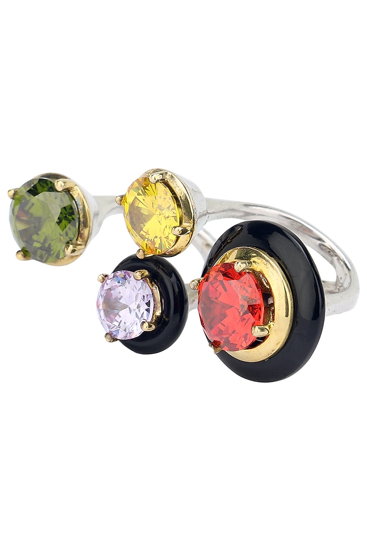 Gold Plated Black Onyx and Multi Coloured Cubic Zirconia Stones Multi-Finger Ring by RockkRagaa