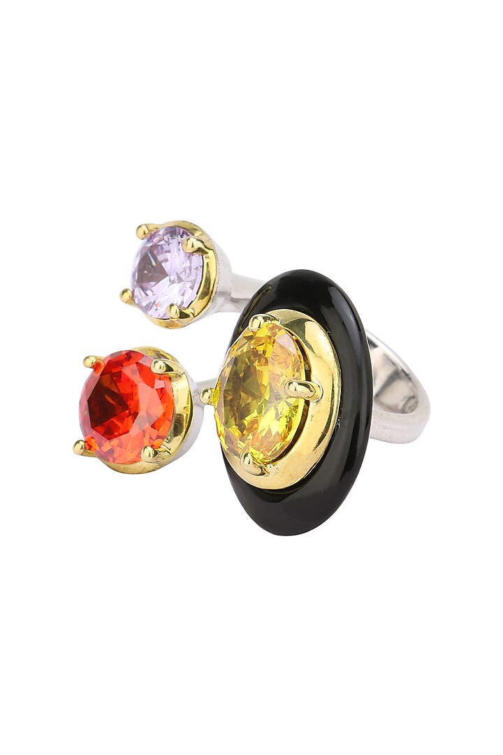 Gold Plated Black Onyx and Multi Coloured Cubic Zirconia Stones Double Finger Ring by RockkRagaa