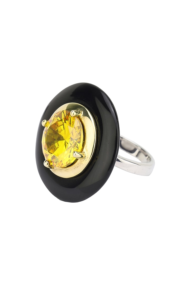 Gold Plated Black Onyx and Yellow Cubic Zirconia Stone Finger Ring by RockkRagaa