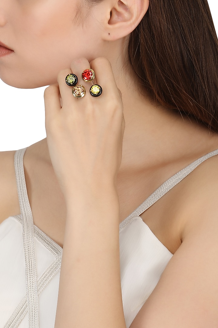 Gold plated black onyx and multi coloured cubic zirconia stones finger ring available only at Pernia's Pop Up Shop.
