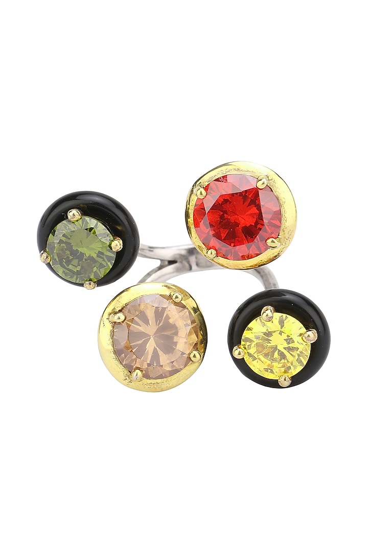 Gold plated black onyx and multi coloured cubic zirconia stones finger ring available only at Pernia's Pop Up Shop.