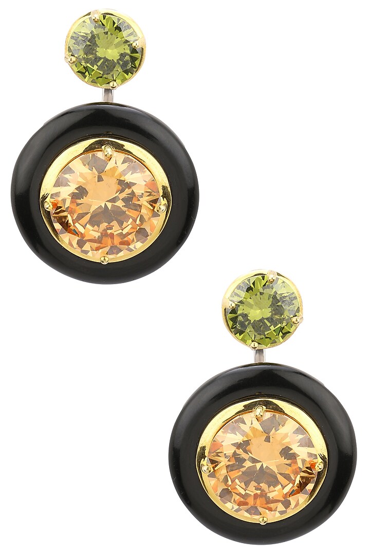 Gold Plated Black Onyx, Peach and Green Cubic Zirconia Stones Drop Earrings by RockkRagaa