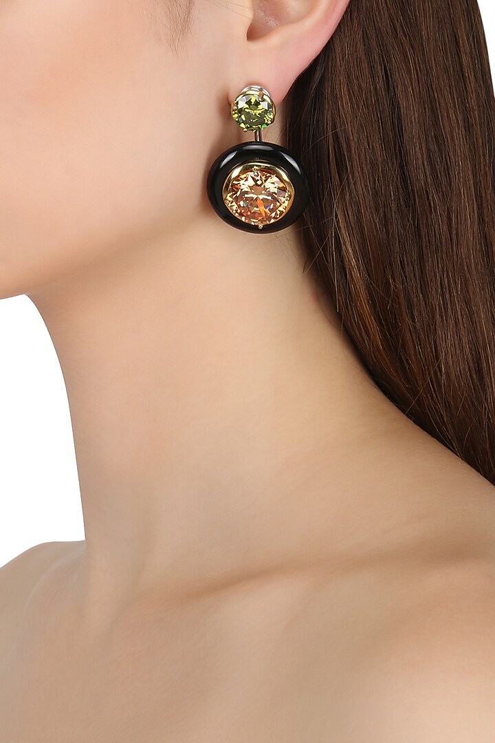 Gold plated black onyx, peach and green cubic zirconia stones drop earrings available only at Pernia's Pop Up Shop.