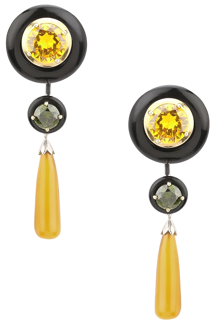 Gold Plated Black and Yellow Onyx with Peach and Green Cubic Zirconia Stones Earrings by RockkRagaa