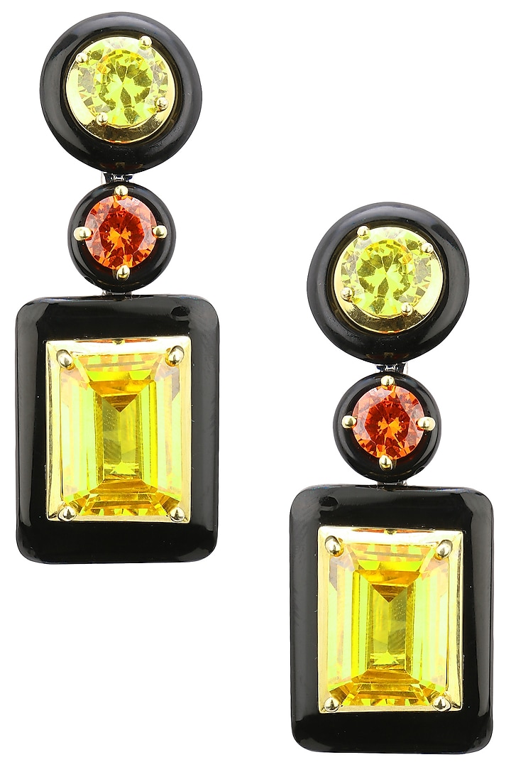 Gold Plated Black Onyx, Green, Gold and Red Cubic Zirconia Stones Earrings by RockkRagaa