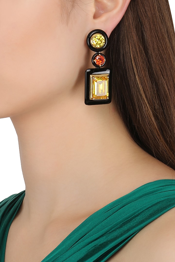 Gold plated black onyx, green, gold and red cubic zirconia stones earrings available only at Pernia's Pop Up Shop.