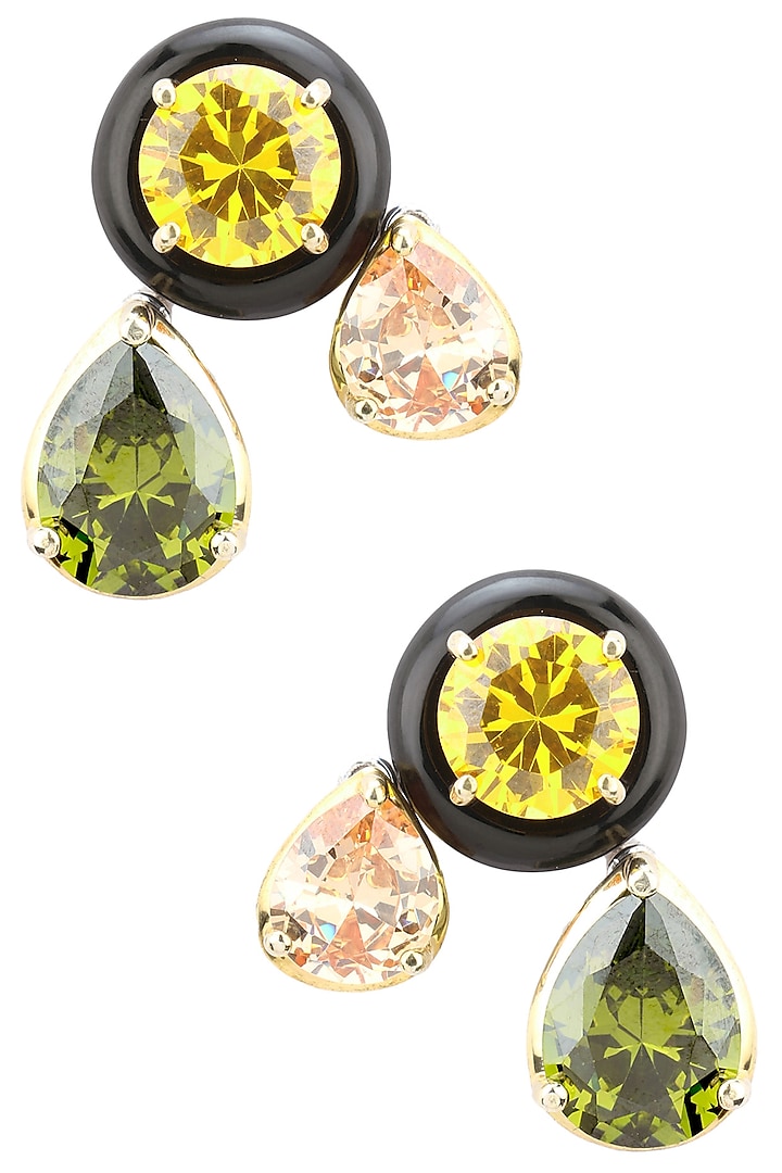 Gold Plated Black Onyx, Peach, Green and Gold Cubic Zirconia Stones Earrings by RockkRagaa