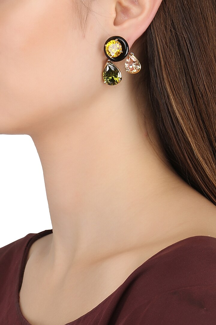 Gold plated black onyx, peach, green and gold cubic zirconia stones earrings available only at Pernia's Pop Up Shop.