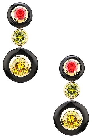 Gold Plated Black Onyx, Gold, Red and Green Cubic Zirconia Stones Two Drop Earrings by RockkRagaa