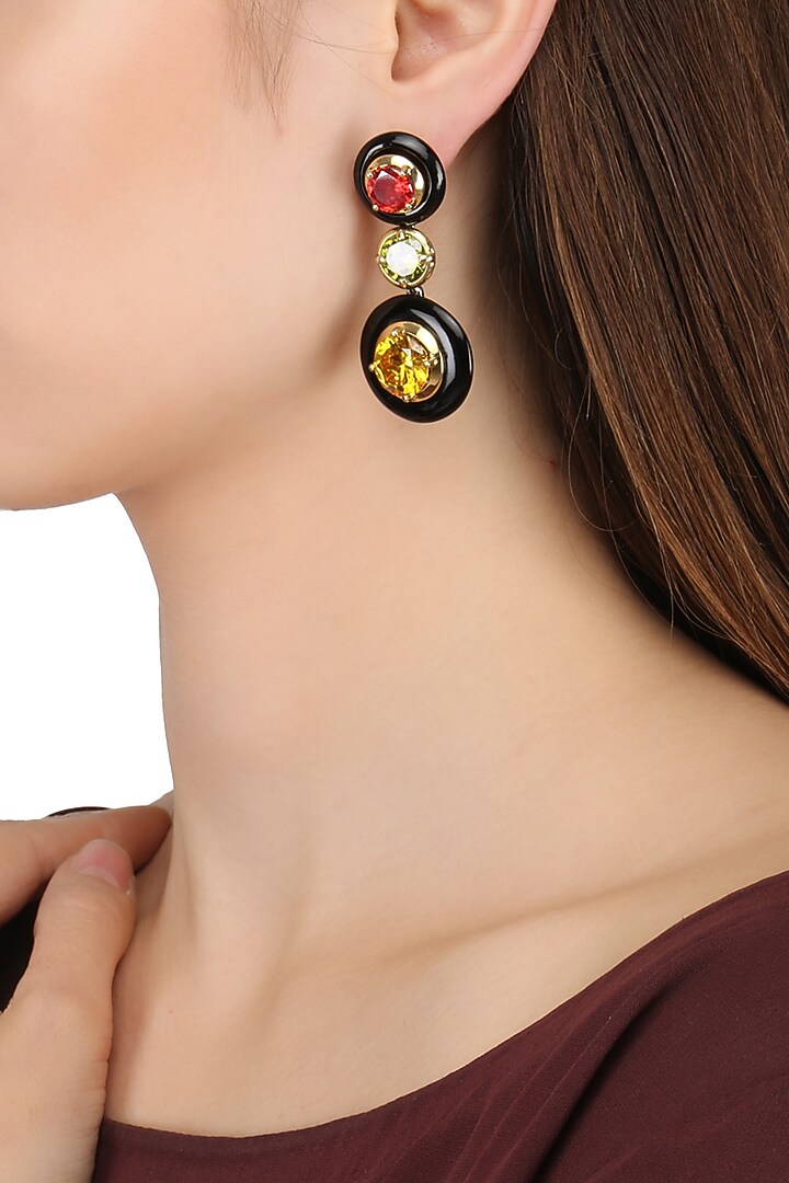 Gold plated black onyx, gold, red and green cubic zirconia stones two drop earrings available only at Pernia's Pop Up Shop.