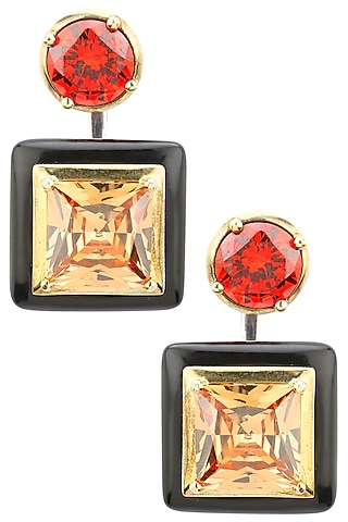 Gold Plated Black Onyx, Gold and Red Cubic Zirconia Stones Earrings by RockkRagaa