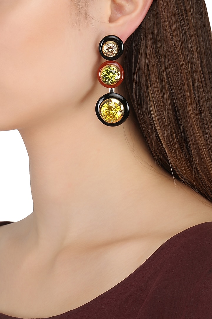 Gold plated black and red onyx with multi coloured cubic zirconia stones drop earrings available only at Pernia's Pop Up Shop.