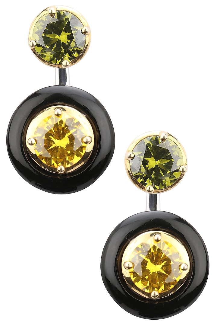 Gold Plated Black Onyx, Gold and Green Cubic Zirconia Stones Drop Earrings by RockkRagaa
