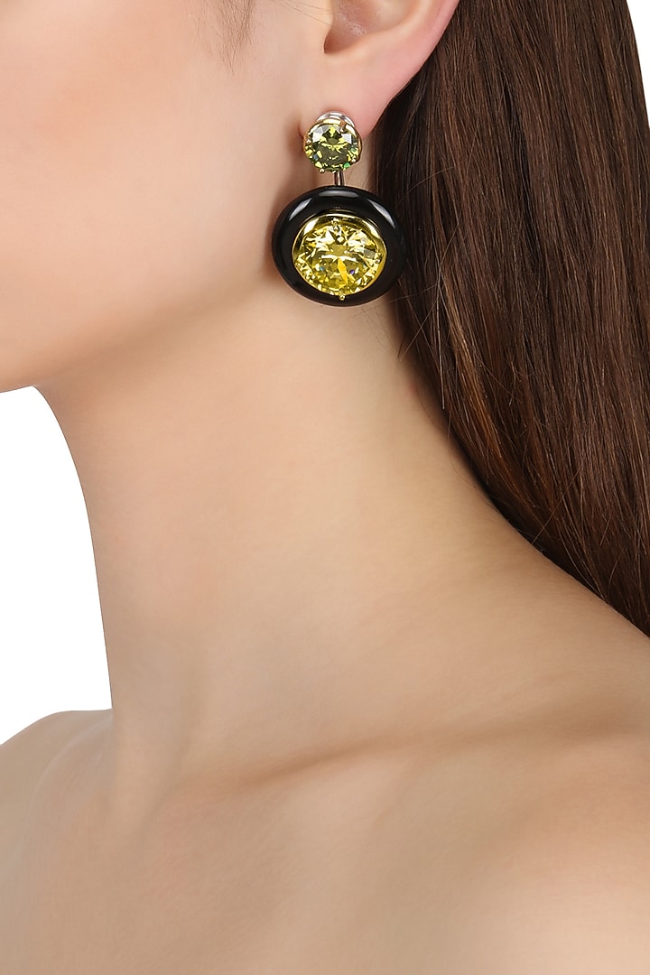 Gold plated black onyx, gold and green cubic zirconia stones drop earrings available only at Pernia's Pop Up Shop.