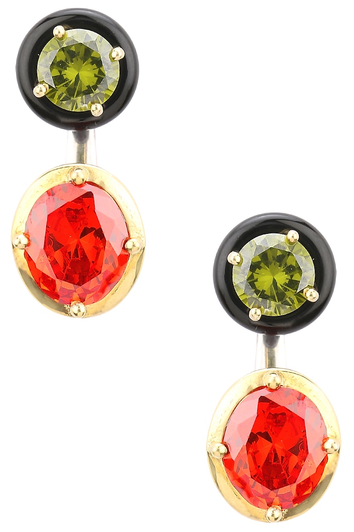 Gold Plated Black Onyx, Red and Green Cubic Zirconia Stones Abstract Earrings by RockkRagaa