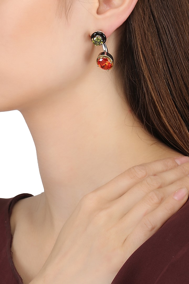 Gold plated black onyx, red and green cubic zirconia stones abstract earrings available only at Pernia's Pop Up Shop.