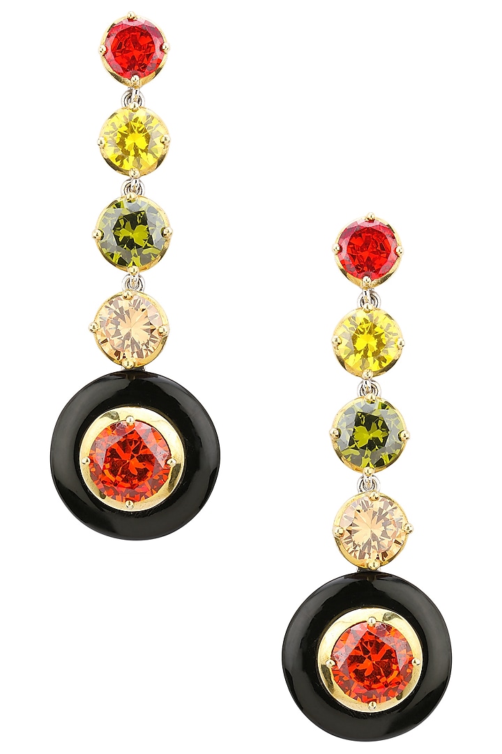 Gold Plated Black Onyx and Multi-Coloured Cubic Zirconia Stones Five Drop Earrings by RockkRagaa